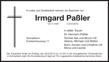 Traueranzeige von Irmgard Passler von Pegnitz-Zeitung